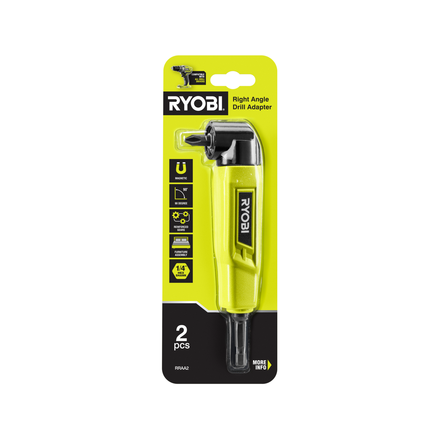 Ryobi Right Angle Drill Adaptor - 90° - 25mm Bit - 2 Piece