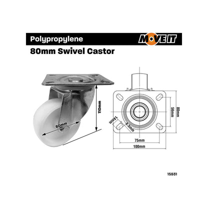 Move It 80mm Polypropylene Swivel Plate Castor with Brake 120kg