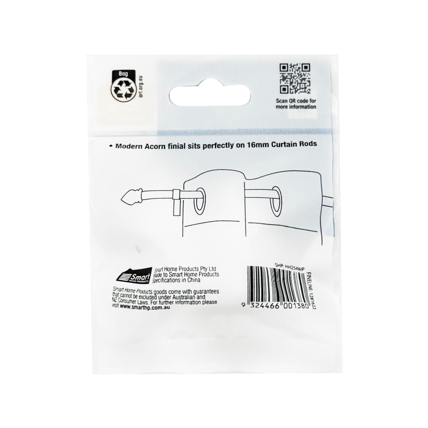 Windoware White Acorn Decorative Curtain Rod End - 16mm - 2 Pack