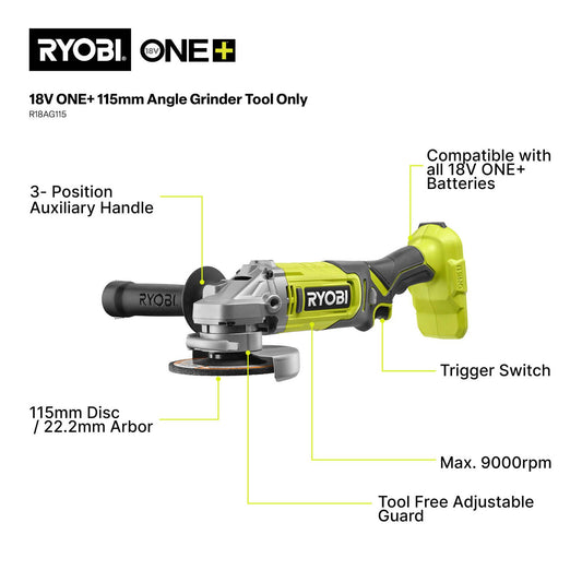 Ryobi Angle Grinder 18V One+ 115mm Tool Only