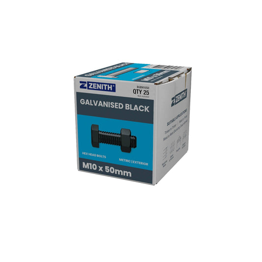 Zenith M10 x 50mm Hot Dipped Galvanised Black Hex Head Bolts & Nuts - 25 Pack
