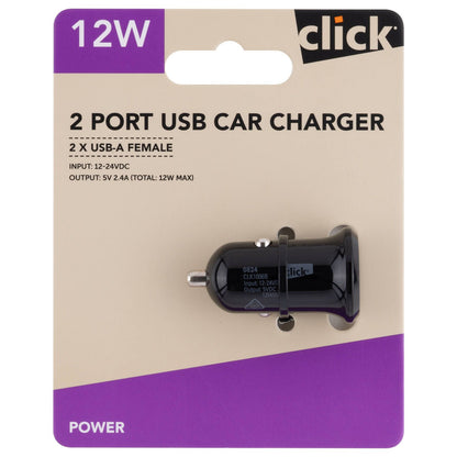 Click USB Car Charger - 12W - 2 Port - Black