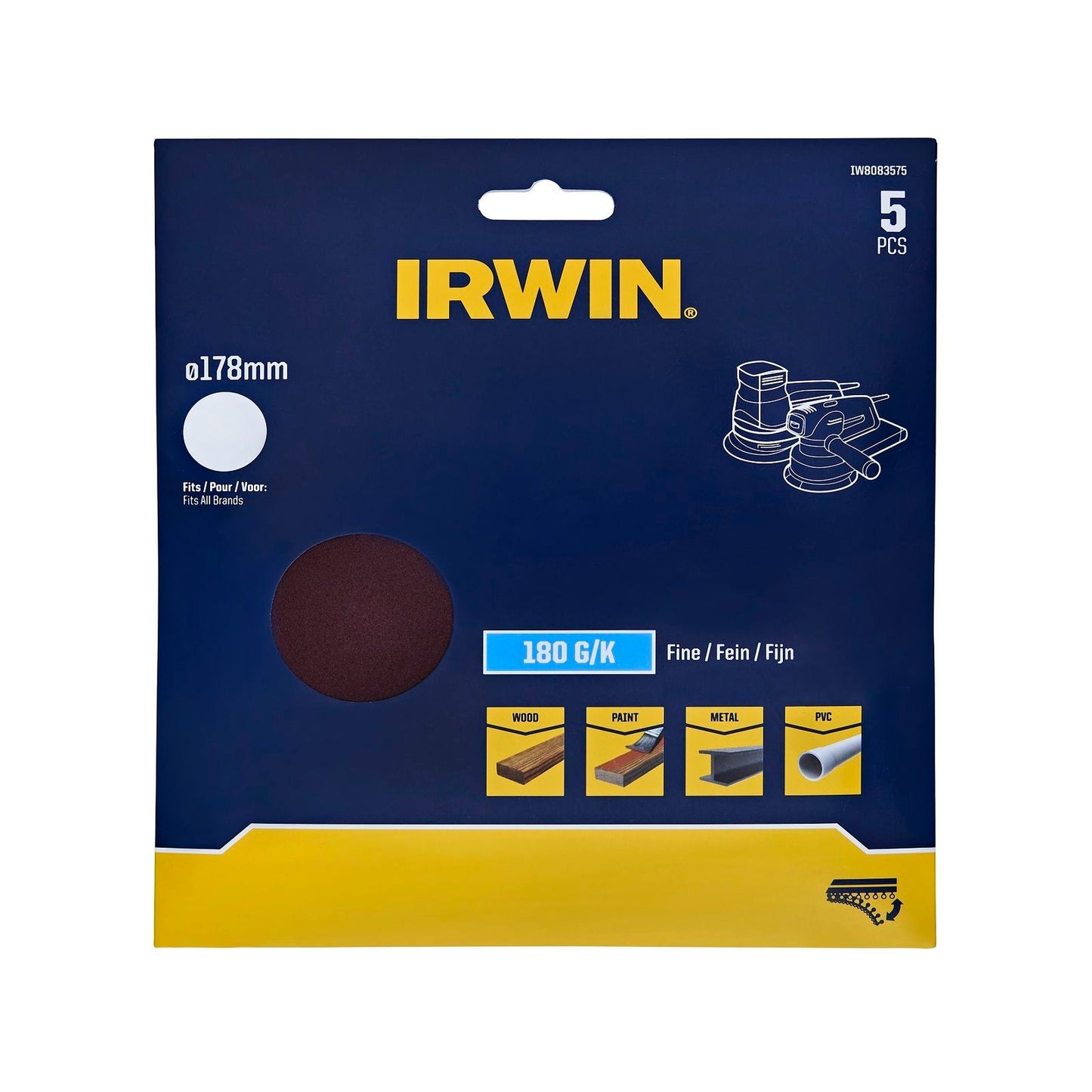 Irwin Quick Fit Random Orbital Sanding Discs - 178mm - 180 Grit - 5 Pack
