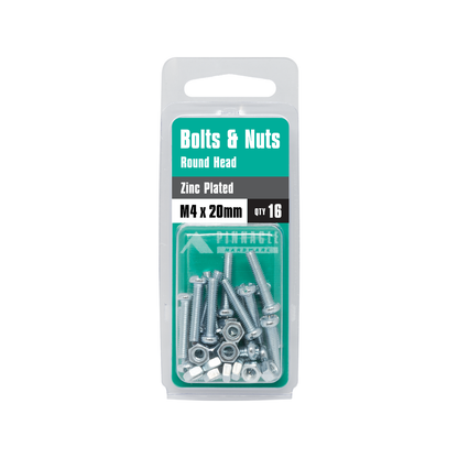 Pinnacle Round Head Bolts and Nuts - M4 x 20mm - 16 Pack