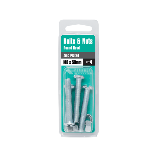 Pinnacle Zinc Plated Round Head Bolts & Nuts M8 x 50mm 4 Pack