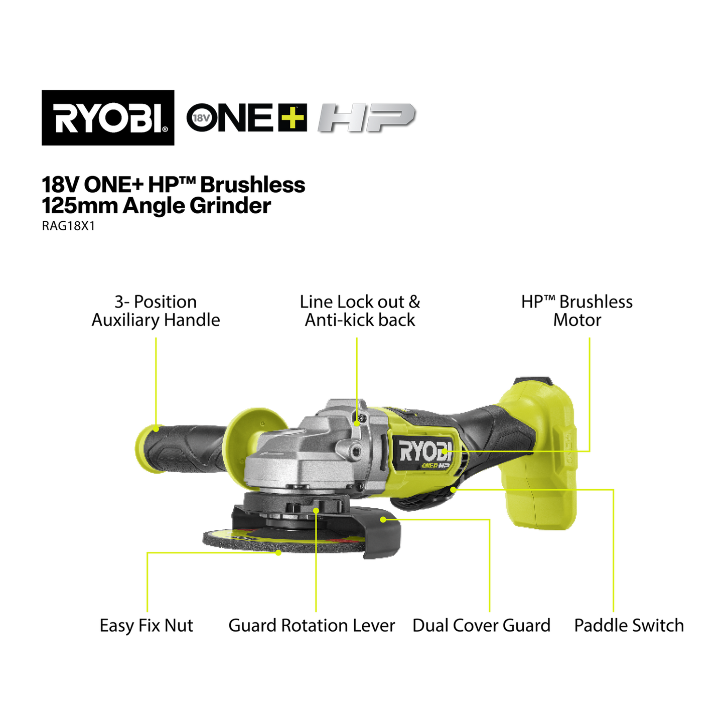 Ryobi HP Angle Grinder - 18V One+ - 125mm - 9000rpm - Tool Only
