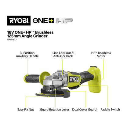 Ryobi HP Angle Grinder - 18V One+ - 125mm - 9000rpm - Tool Only