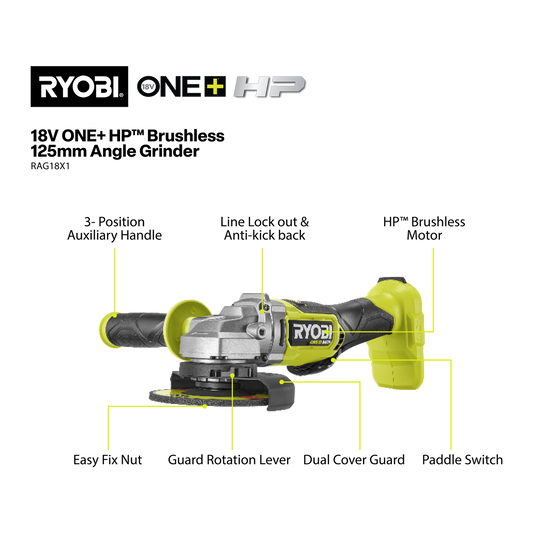 Ryobi HP Angle Grinder - 18V One+ - 125mm - 9000rpm - Tool Only