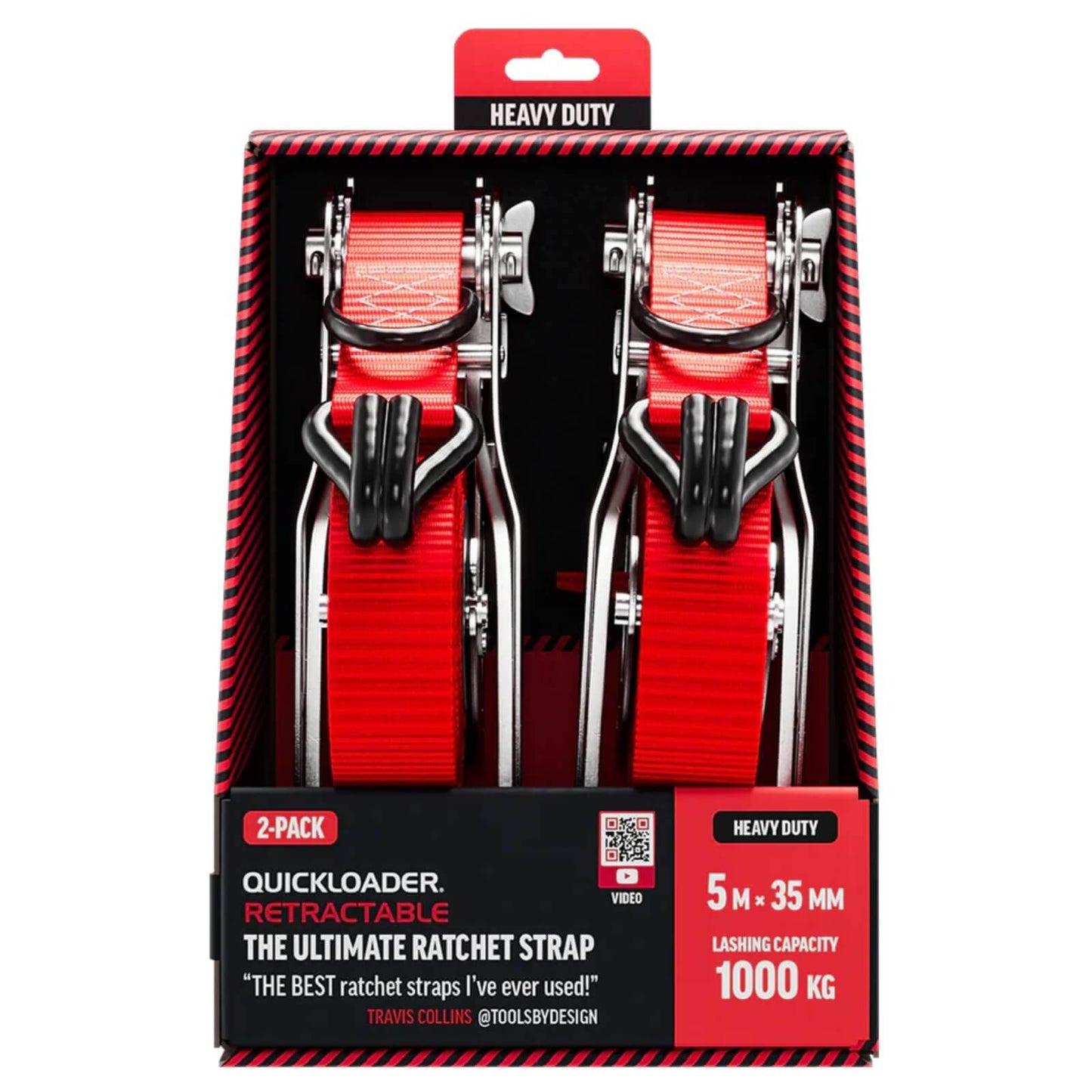 Quickloader Retractable Ratchet Strap Tie Down - 5m x 35mm - 1000kg - 2 Pack - Red