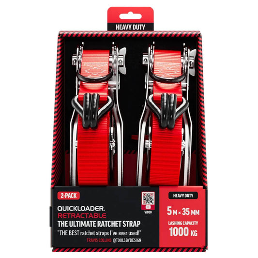 Quickloader Retractable Ratchet Strap Tie Down - 5m x 35mm - 1000kg - 2 Pack - Red