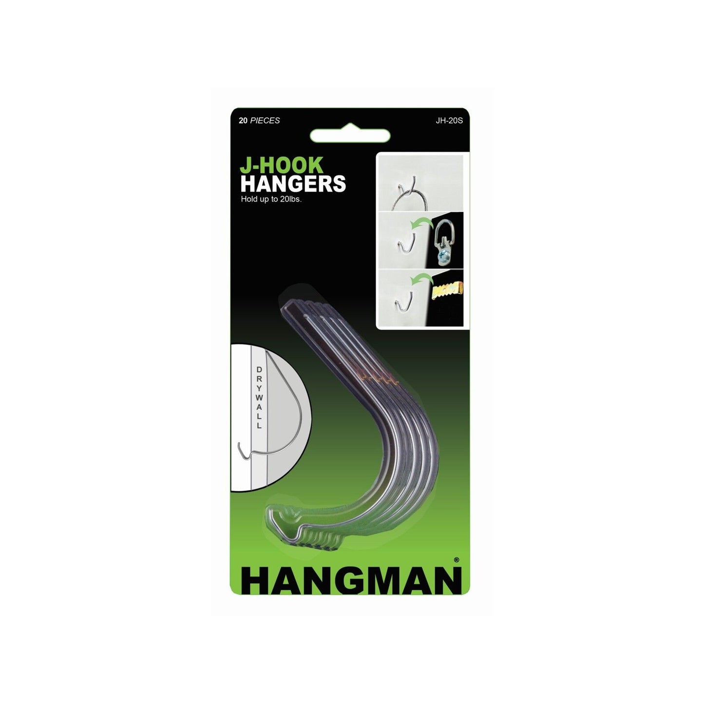 Hangman Steel J Hook Picture Hanger - 9kg - 92 x 161mm - 20 Pack
