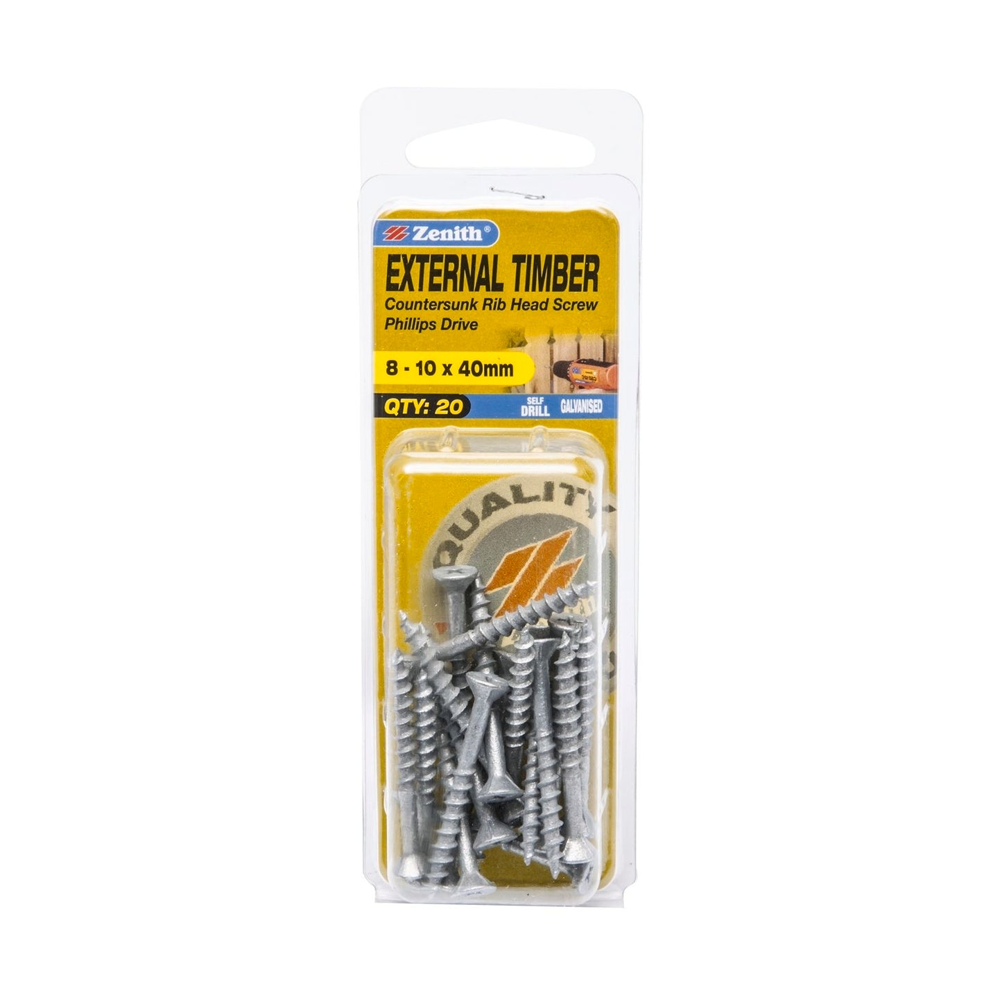 Zenith Timber Screws - 10 x 40mm - Galvanised Rib Head - 20 Pack