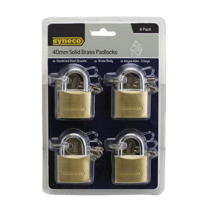 Syneco Brass Padlocks - 40mm - 4 Pack