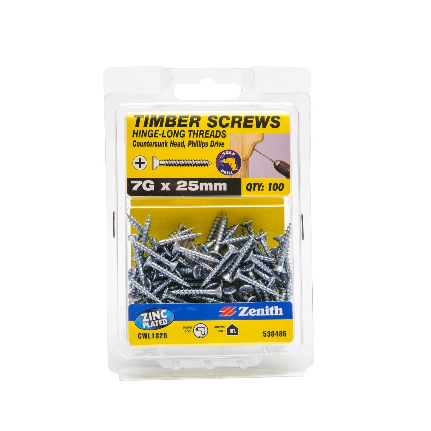Zenith Hinge Long Thread Screw - 7g x 25mm - Zinc - 100 Pack