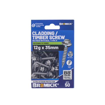 Bremick Hex Cladding Screw - 12g x 35mm - B8 - 50 Pack