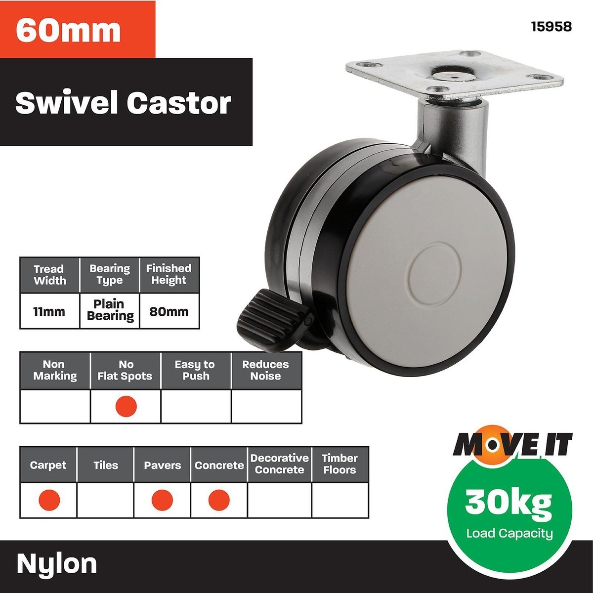 Easyroll Office Swivel Brake Castor - 60mm - Nylon/Steel - 30kg Load
