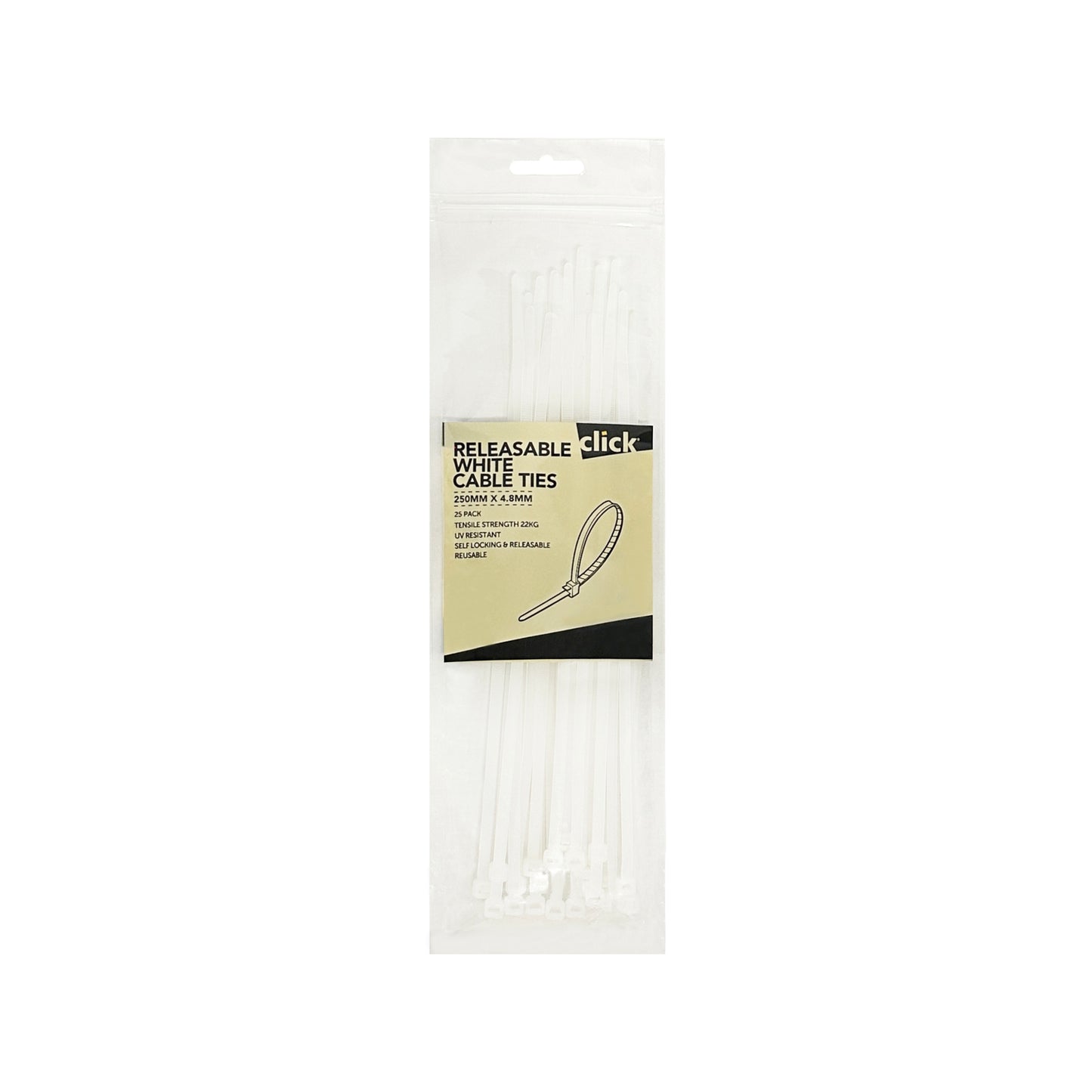 Click White Releasable Cable Tie - 250mm - 25 Pack