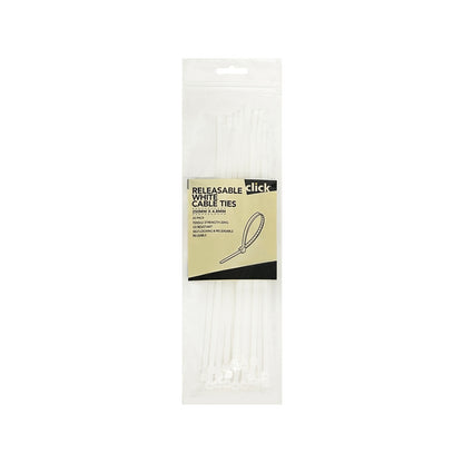 Click White Releasable Cable Tie - 250mm - 25 Pack