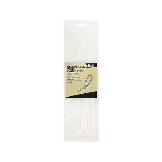 Click Releasable White Cable Ties - 250mm, 25 Pack