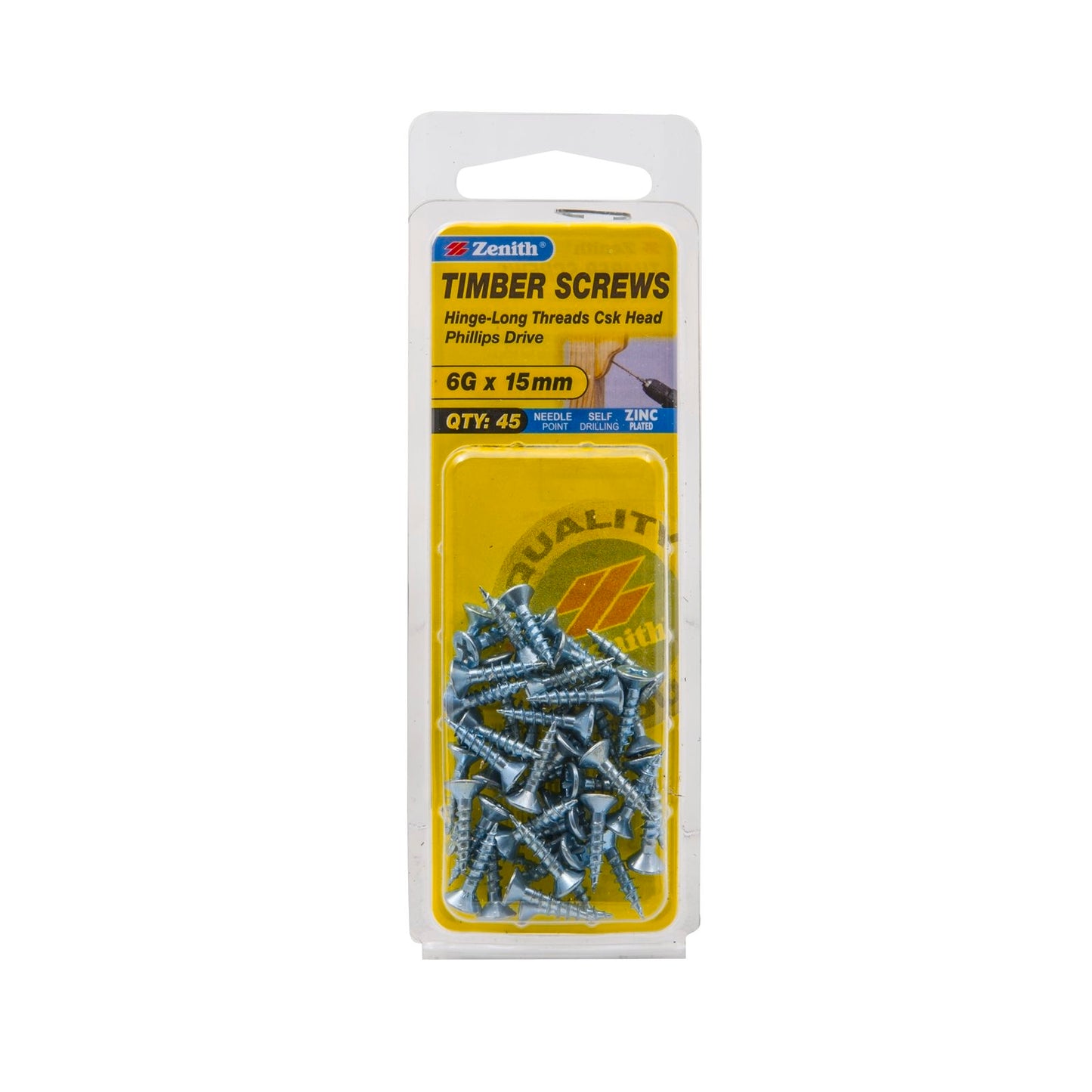 Zenith Hinge Long Thread Screws - 6g x 15mm - Zinc - 45 Pack