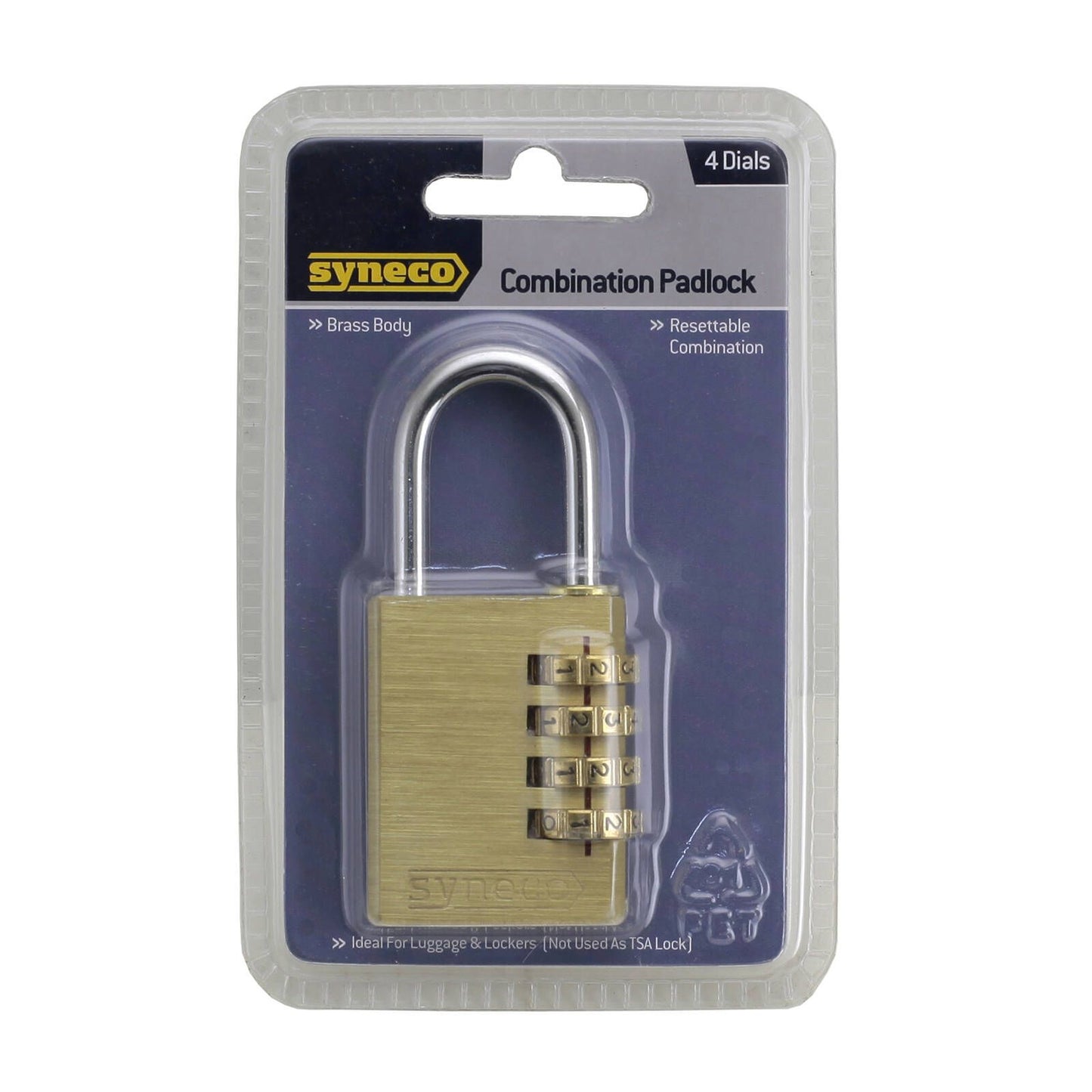 Syneco Combination Padlock - 4 Dial - Brass Body