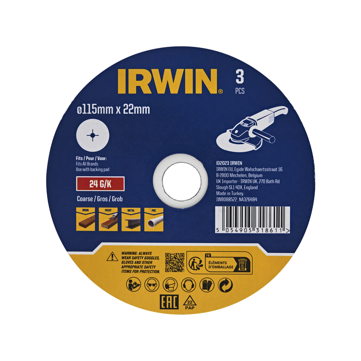 Irwin Fibre Discs - 115 x 22mm - 24 Grit - 3 Pack