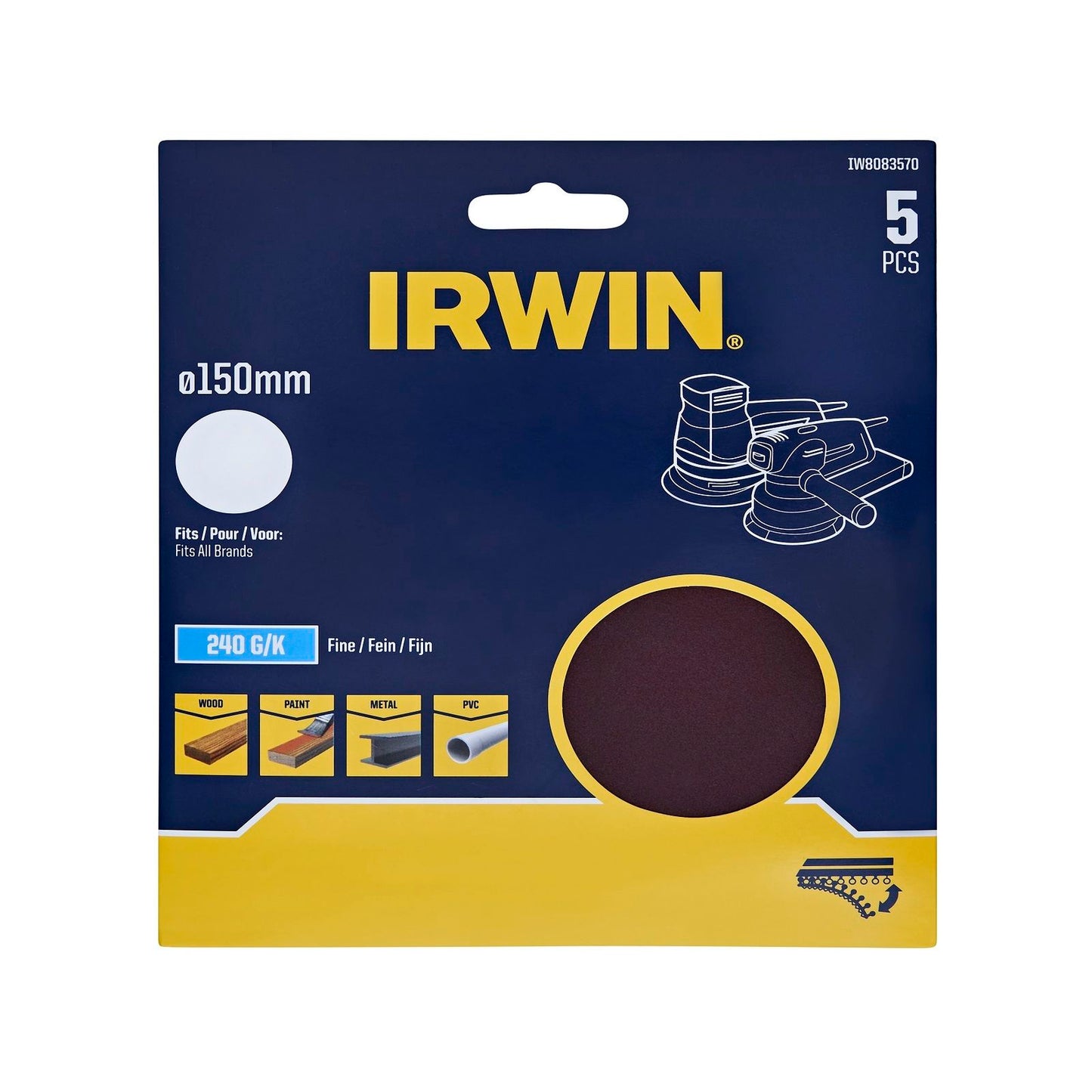 Irwin Quick Fit Random Orbital Sanding Disc - 150mm - 240 Grit - 5 Pack