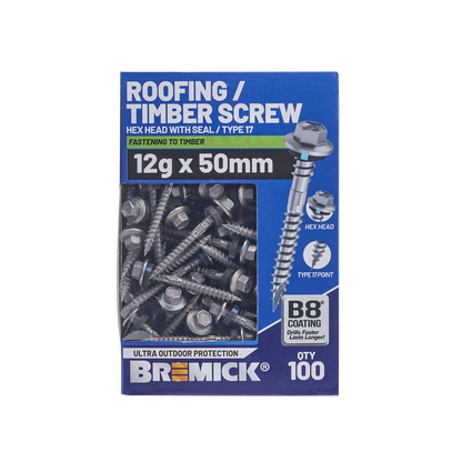 Bremick Hex Roofing Screw - 12g x 50mm - B8 - 100 Pack