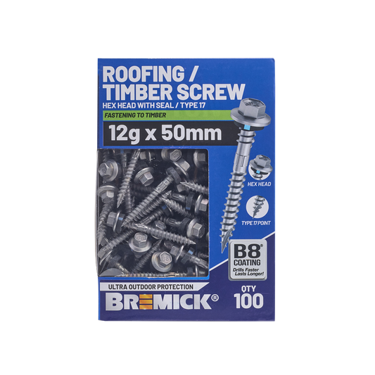 Bremick Hex Roofing Screw - 12g x 50mm - B8 - 100 Pack