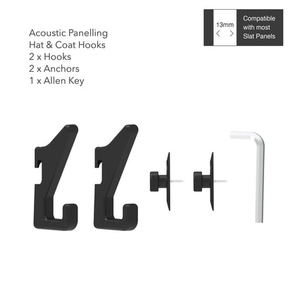 Mode Acoustic Panelling Hat Coat Hooks - 13 x 97mm - Black - 2 Pack