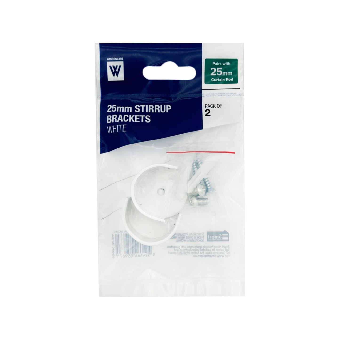 Windoware Curtain Rod Stirrup Bracket - 25mm - 2 Pack - White