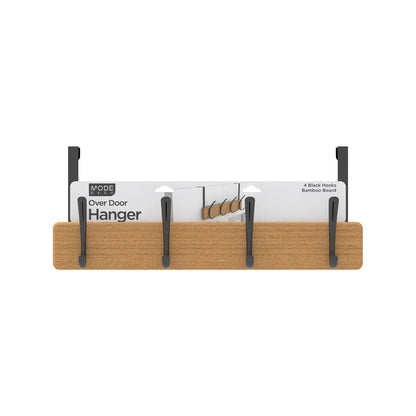 Mode 4 Bamboo Over Door Hanger - 5 Black Hooks - 450mm x 70mm x 45mm