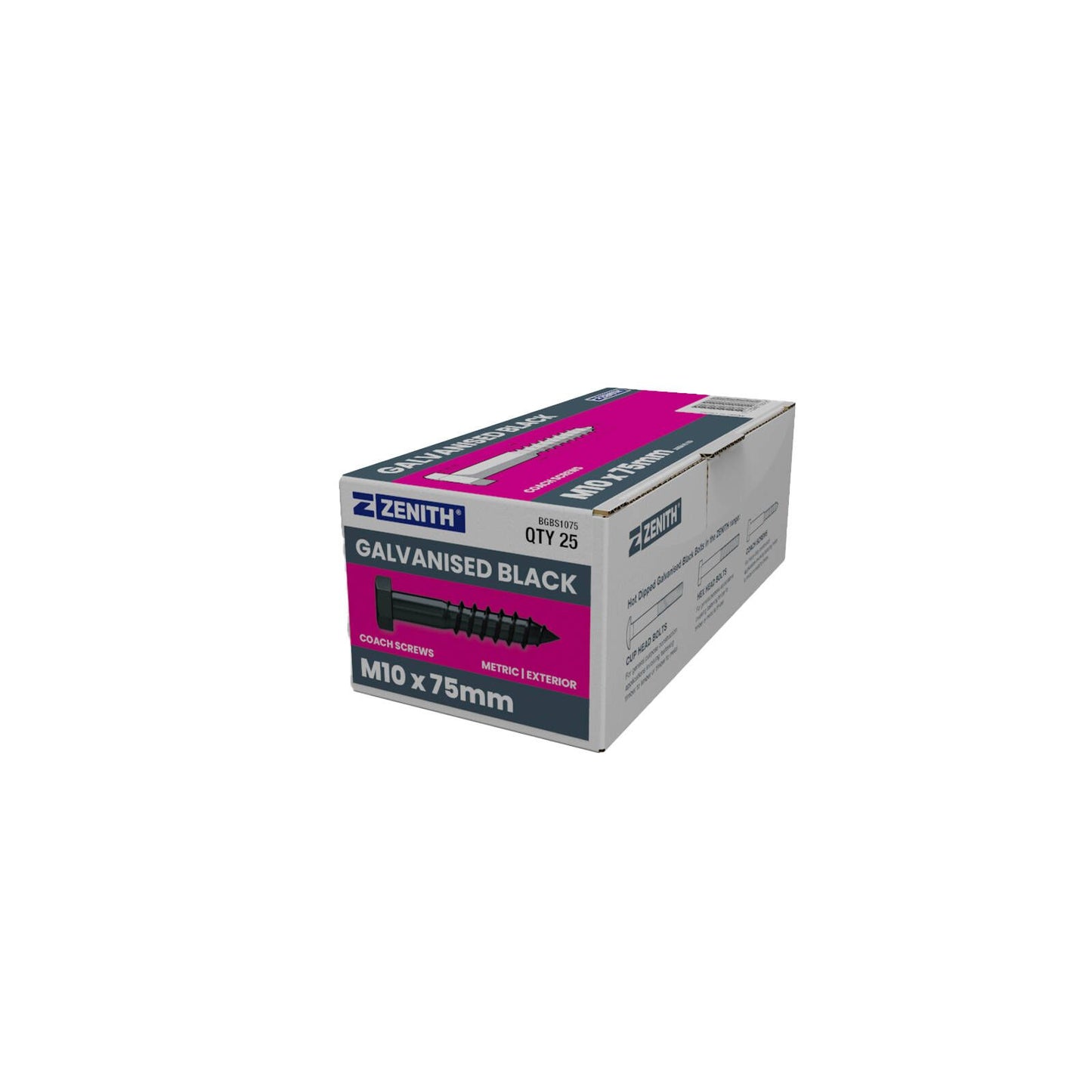 Zenith M10 Hex Head Coach Screws - 75mm - Black - 25 Pack