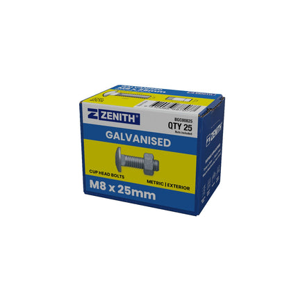 Zenith Hot Dip Galvanised Cup Head Bolts & Nuts - M8 x 25mm - 25 Pack