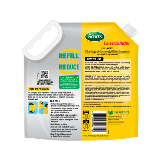 Scotts Lawn Builder Bindii, Clover, Broadleaf Weedkill &  Prevent Refill Pouch 2.05L