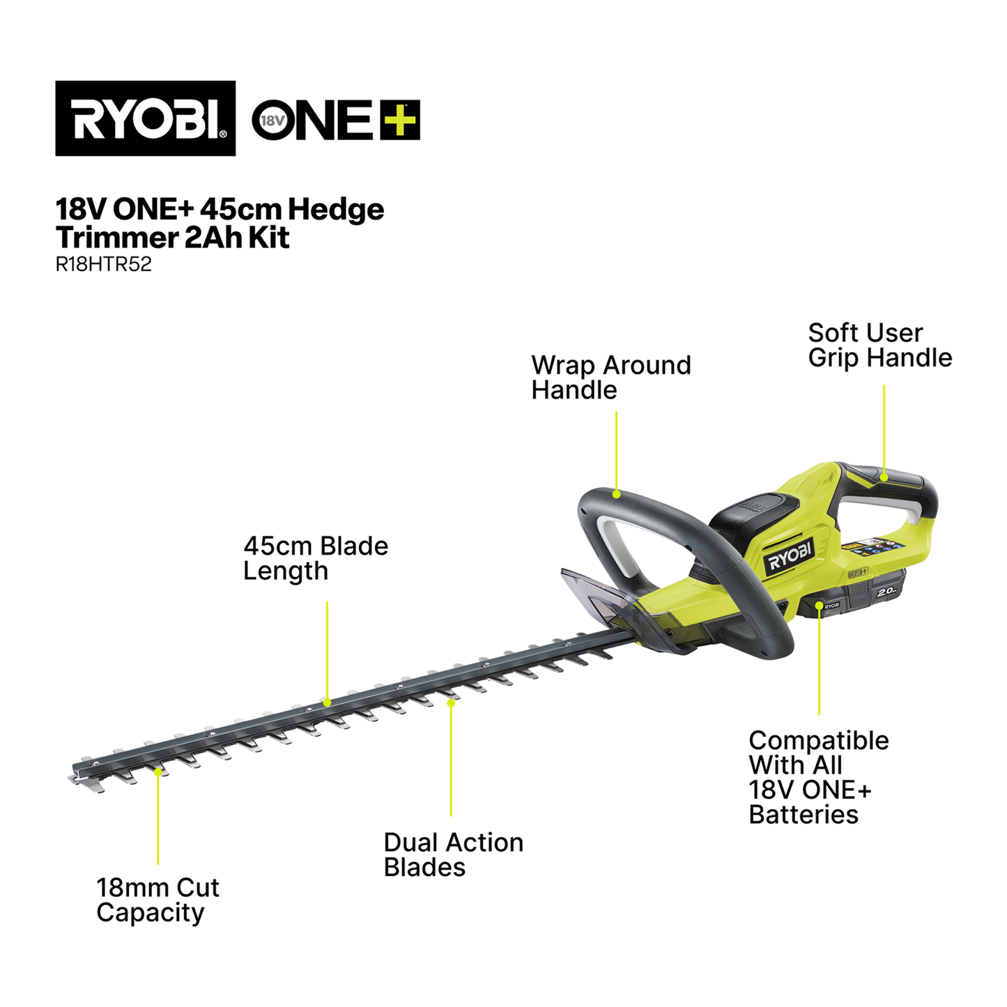 Ryobi ONE+ Hedge Trimmer Kit - 45cm - 2.0Ah