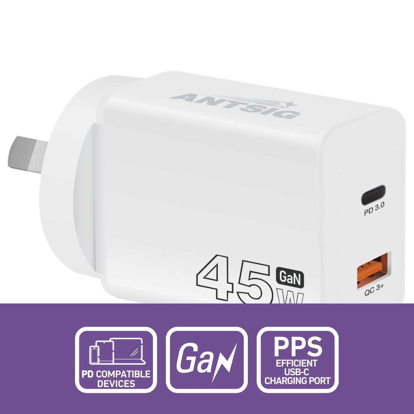 Antsig 45W 2 Port USB GaN Wall Charger - White