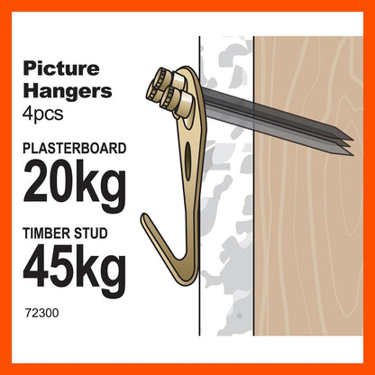 Everhang Picture Hanger - 45kg - Brass Plated - Heavy Duty - 4 Pack
