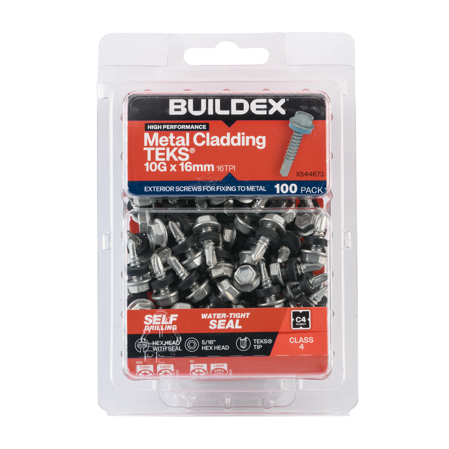 Buildex Cladding Fencing Teks Screws with Seal - 10g x 16mm - 100 Pack