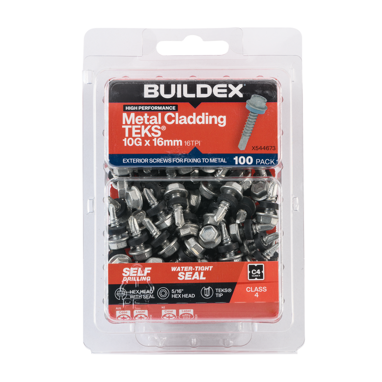 Buildex 10g x 16mm Class 4 Metal Cladding Teks Screws with Seal 100 Pack