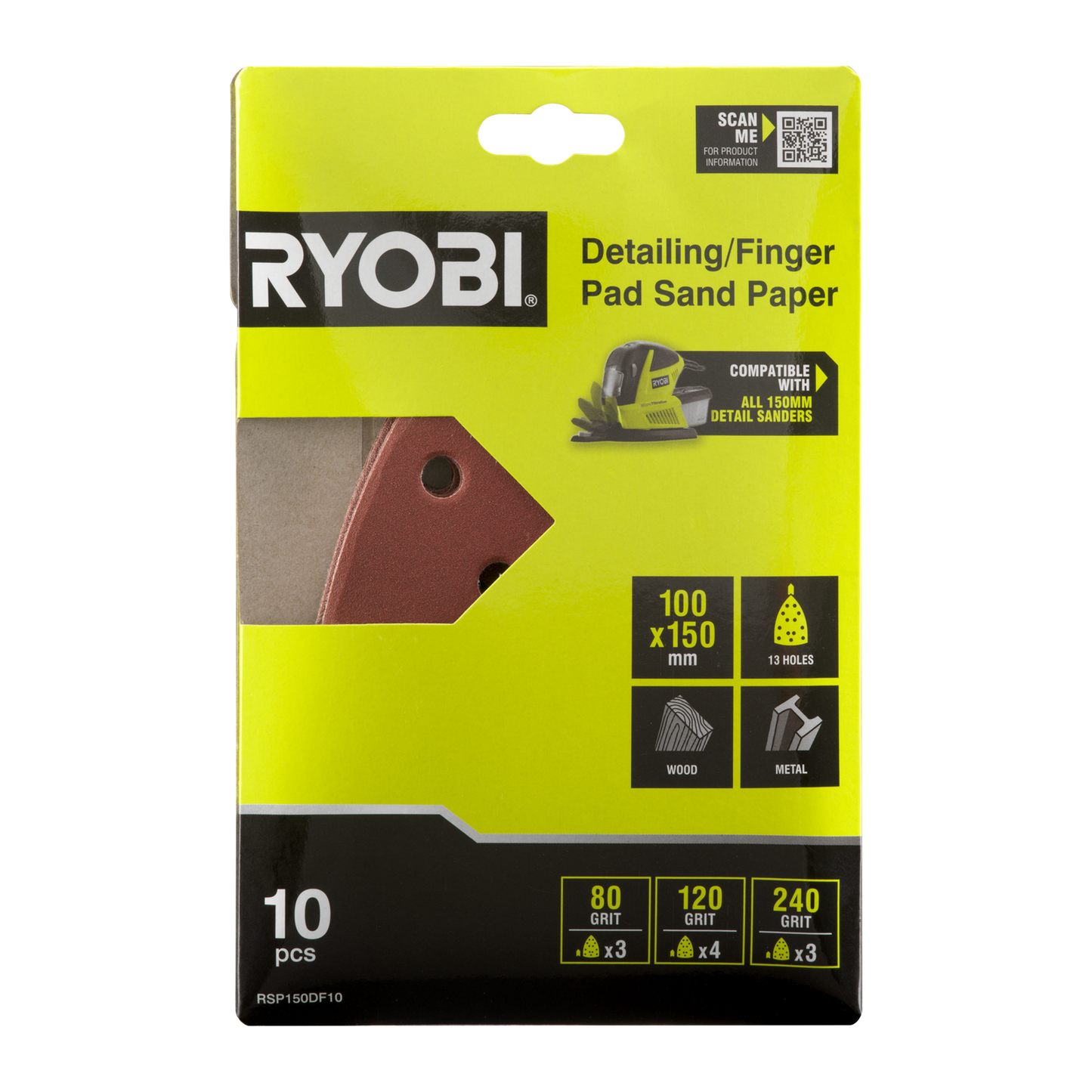Ryobi Detail Finger Sanding Set - 100 x 150mm - 80/120/240 Grit - 10 Piece
