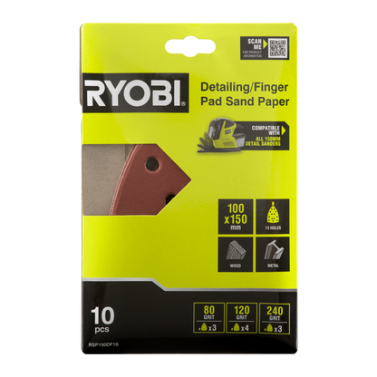 Ryobi Detail Finger Sanding Set - 100 x 150mm - 80/120/240 Grit - 10 Piece