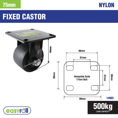 Easyroll 75mm Black Fixed Machine Castor Nylon 500kg Load Capacity