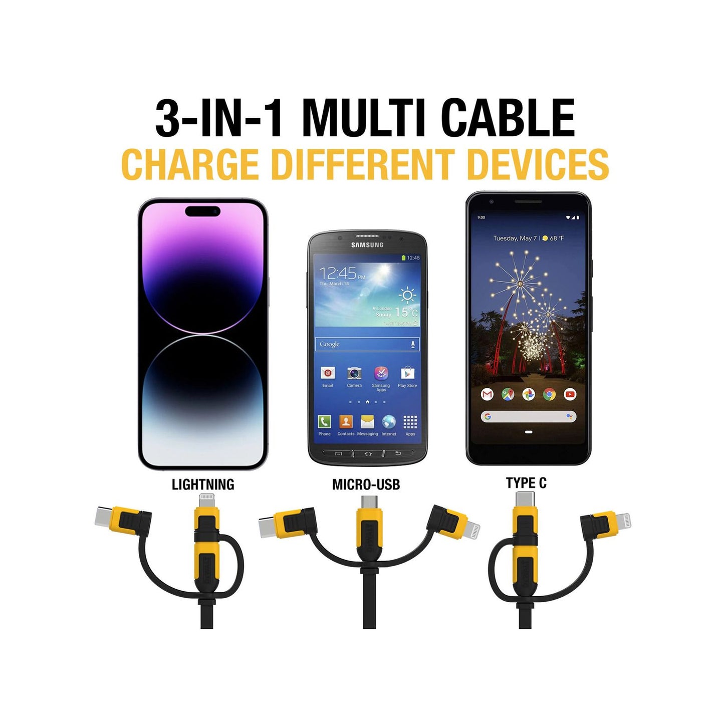 Dewalt Retractable Charging Cable - 1m - 3 in 1