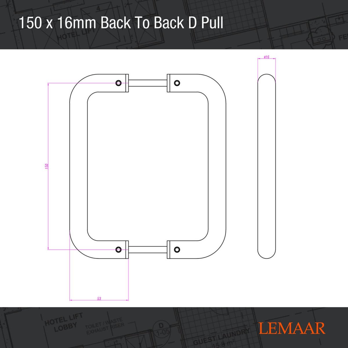 Lemaar 150 x 16mm Satin Stainless Steel Back to Back D Pull