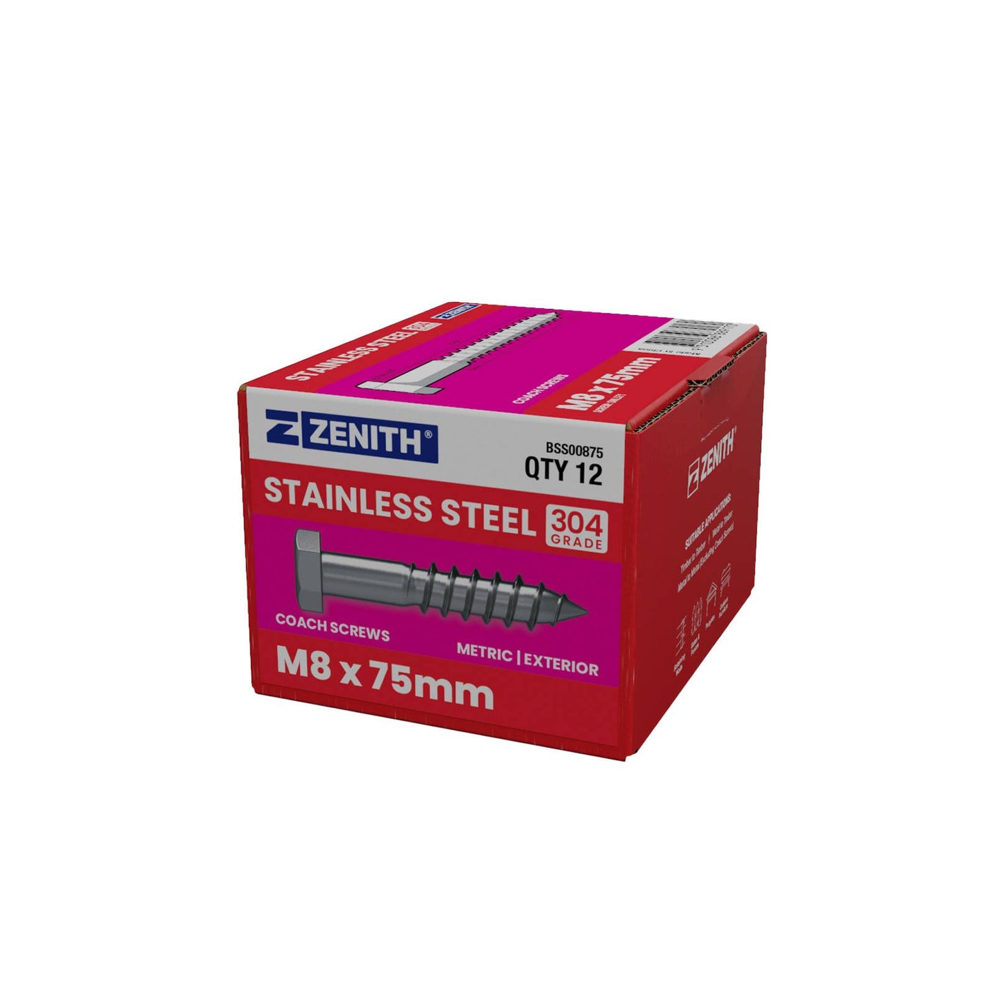 Zenith Hex Head Coach Screws - M8 x 75mm - Stainless Steel 304 - 12 Pack