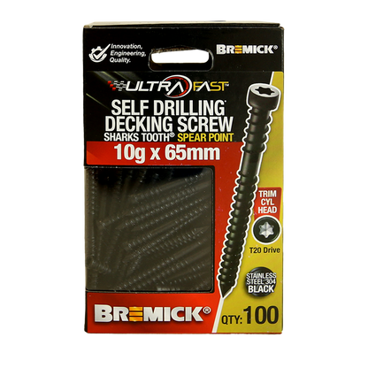 Bremick Ultrafast Trim Head Screws - 10g x 65mm - Black - 100 Pack