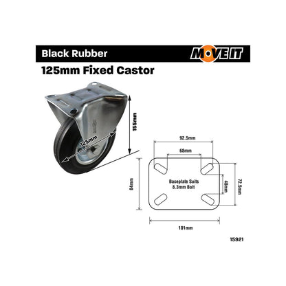 Move It 125mm Black Rubber Fixed Plate Castor 100kg Load Capacity