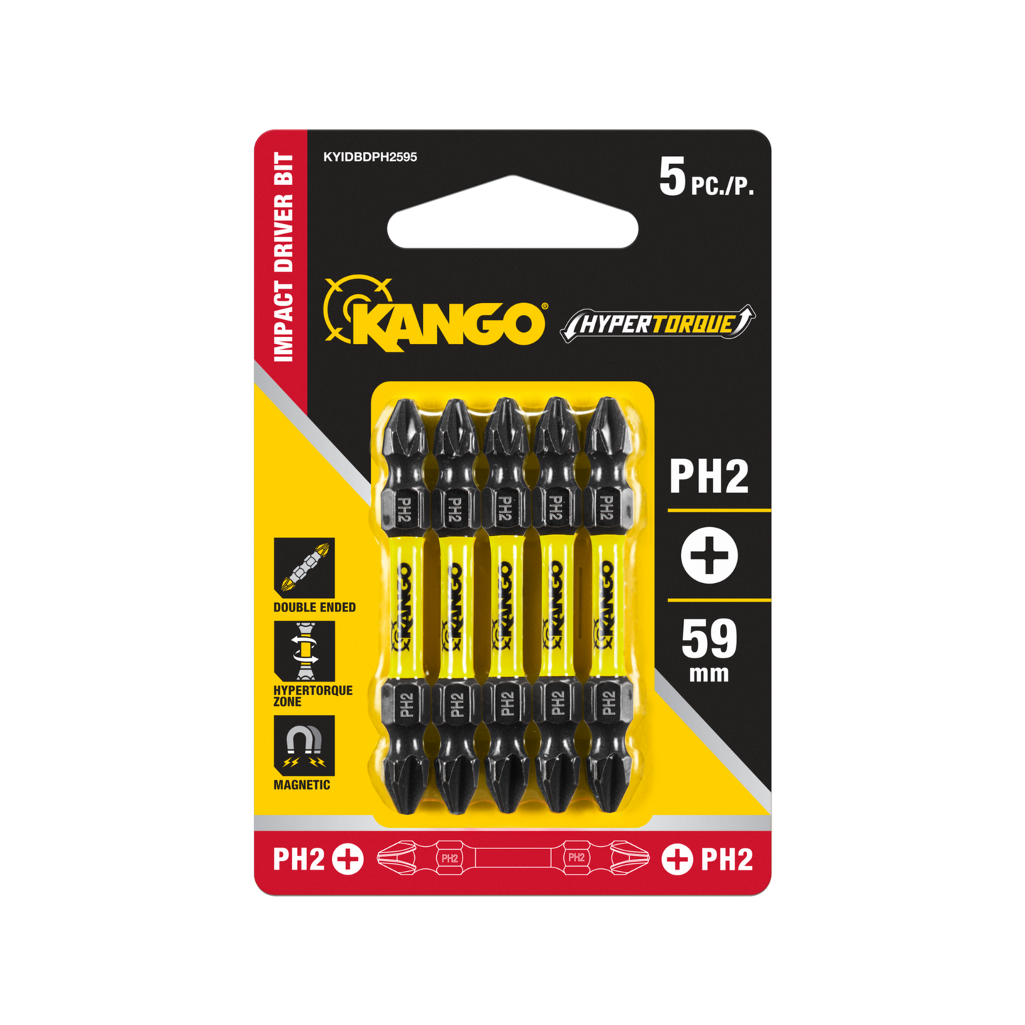Kango Hypertorque Double Ended Impact Driver Bits - 5 Pack - 59mm PH2