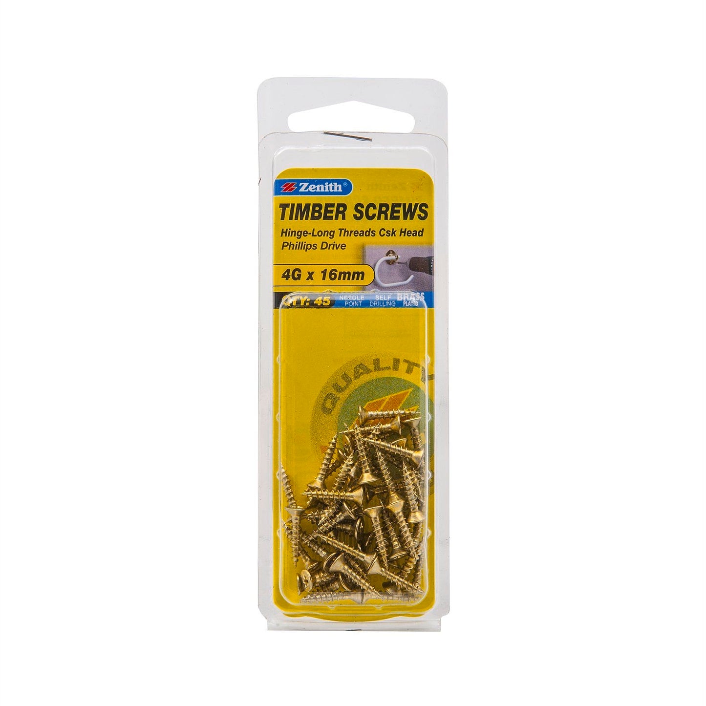 Zenith Hinge Long Thread Screws - 4g x 16mm - Brass - 45 Pack